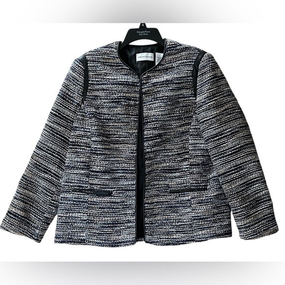 Alfred Dunner Tweed Metallic Blue Jacket Open Front Faux Vegan Leather Size 12 - Picture 2 of 12